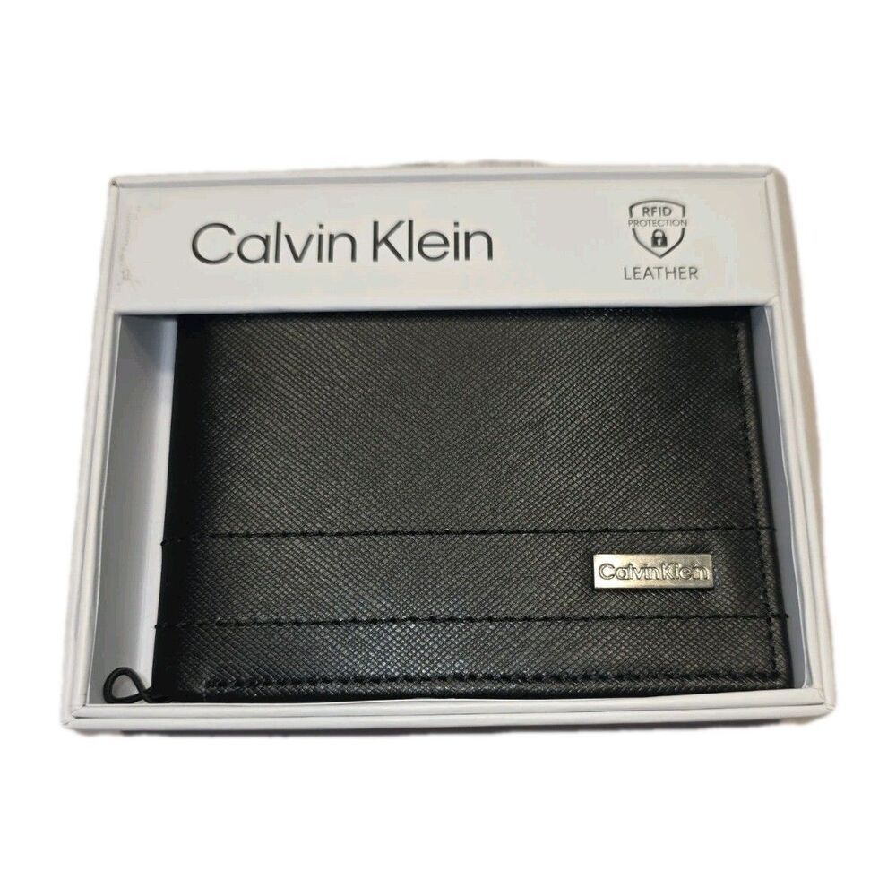 CALVIN KLEIN Logo Men's Black Leather Billfold ID Wallet RFID MSRP$49 NEW